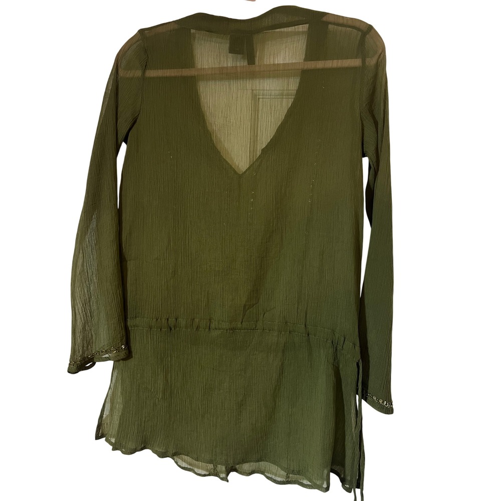 Y2K Mixit Sheer Tunic Top XS Boho Earthy Olive Green Beaded Gold Sequin Gauze - Picture 6 of 10